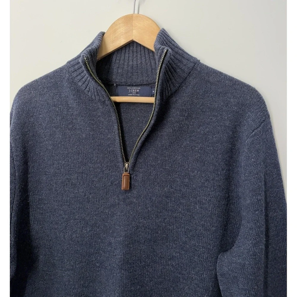 J. Crew Mens 100% Lambswool Quarter Zip Sweater Size Medium Navy Blue Pullover